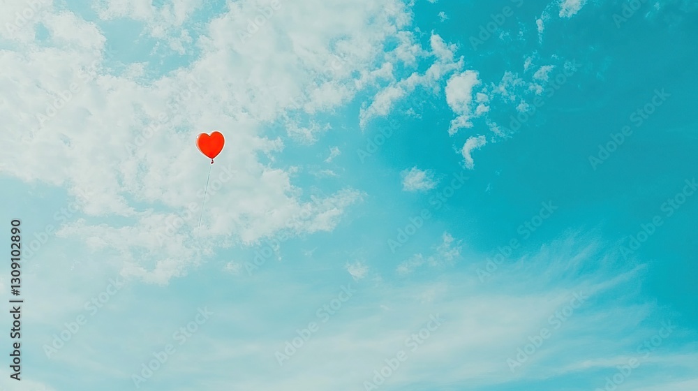 Obraz premium Red heart balloon floats in blue sky, clouds, romantic