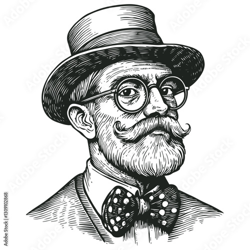 Vector illustration of a vintage gentleman with a beard and mustache in engraving style.  a man wearing a hat, bow tie, and round glasses with a sophisticated retro appearance.