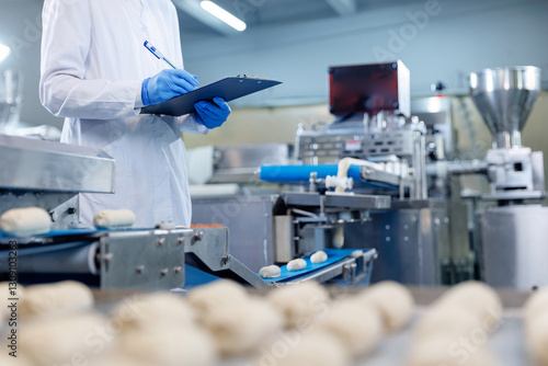 Photography Technologist inspecting dough formation on automated pastry production line