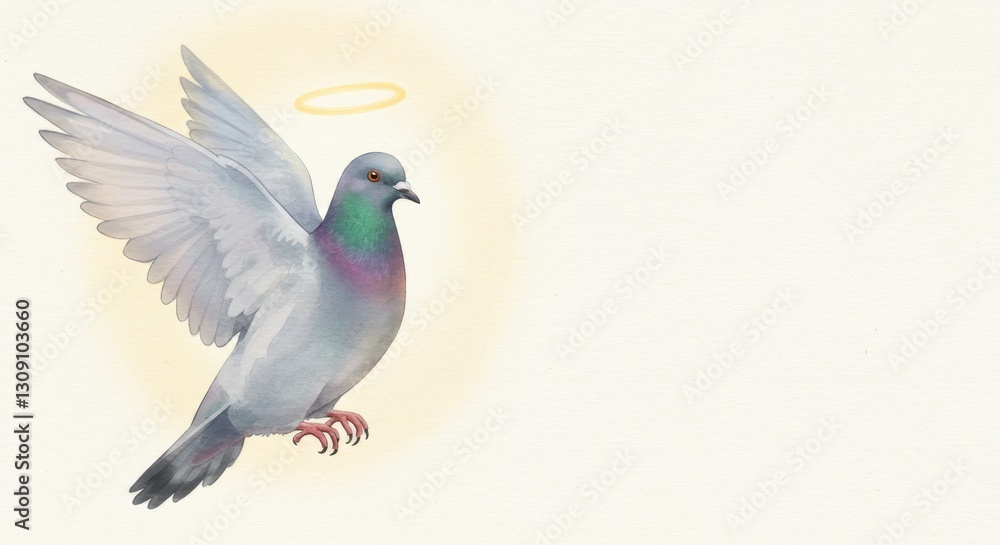 Obraz premium Watercolor Pigeon with Halo and Wings in Flight - A beautiful pigeon with wings spread wide and a halo above, symbolizing peace, purity, freedom, spirituality, and hope