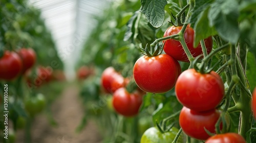 Wallpaper Mural Beautiful red ripe tomatoes grown in a greenhouse. Rows of ripe homegrown tomatoes before harvest. Organic farming. Torontodigital.ca
