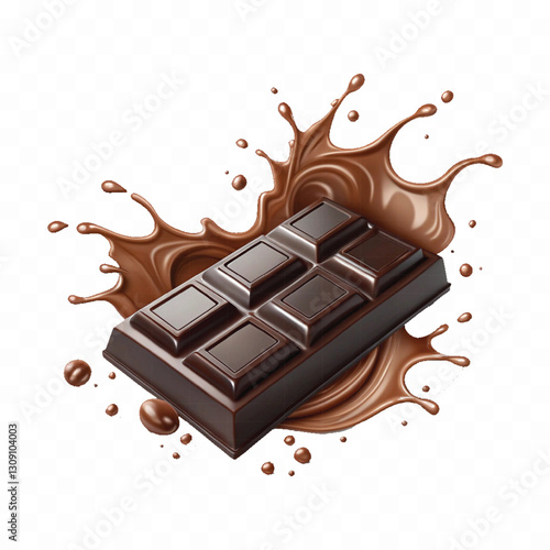 abstract 3d dark chocolate bar with chocolate cream splashing isolated on white background