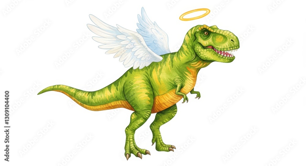 Watercolor T Rex with Halo and Wings Full Body Illustration - A whimsical representation of a T Rex featuring angelic wings and a halo, symbolizing creativity, uniqueness, playfulness, and fantasy Watercolor T Rex with Halo and Wings Full Body Illustration - A whimsical representation of a T Rex featuring angelic wings and a halo, symbolizing creativity, uniqueness, playfulness, and fantasy