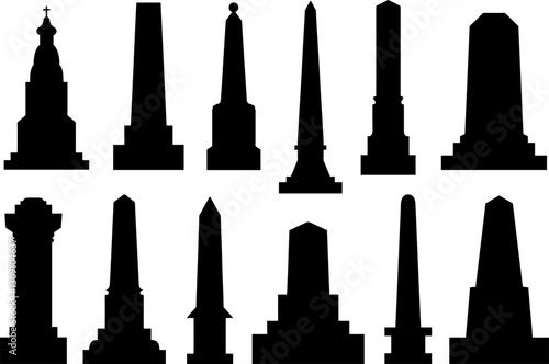 Collection of different obelisks isolated on white background