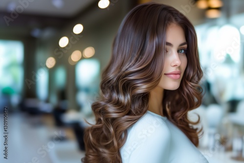 A beautiful woman with dyed shiny dark wavy hair. A banner for advertising shampoo, conditioner, and styling products.