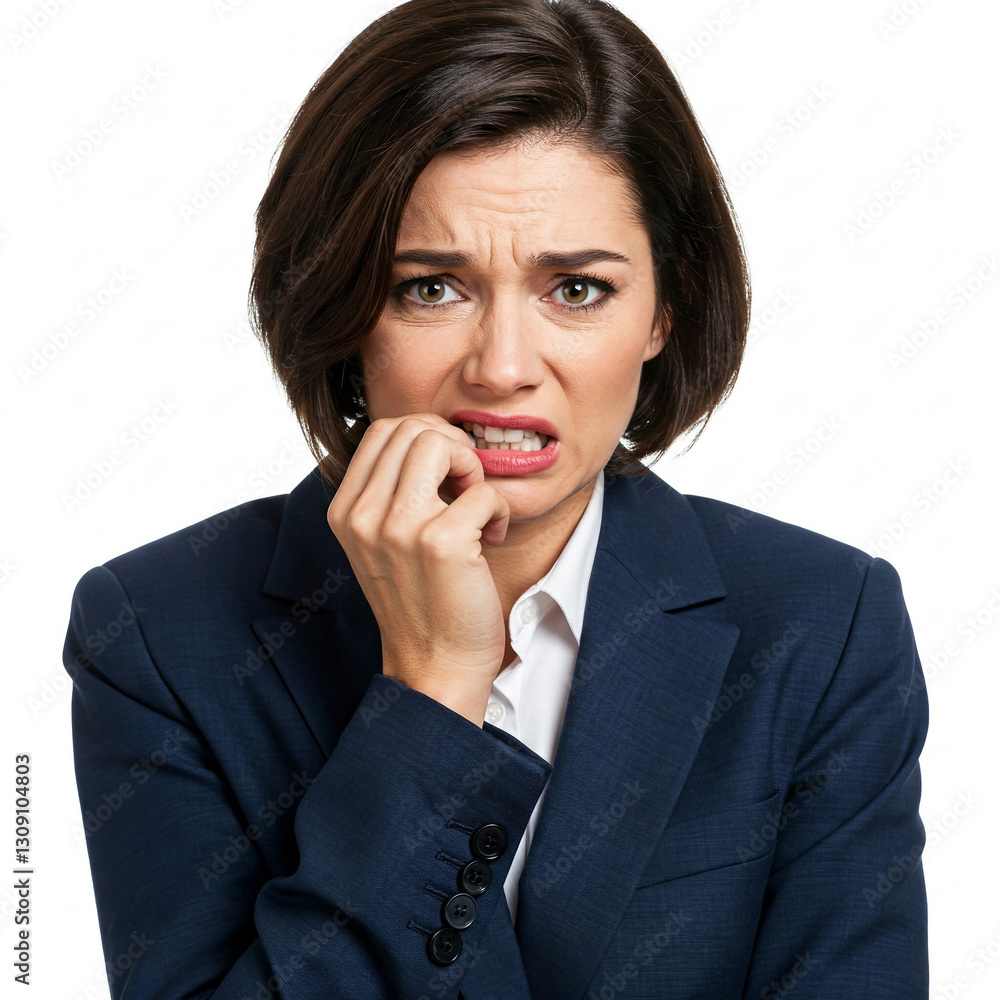 A businesswoman biting her nails and looking tense A businesswoman biting her nails and looking tense