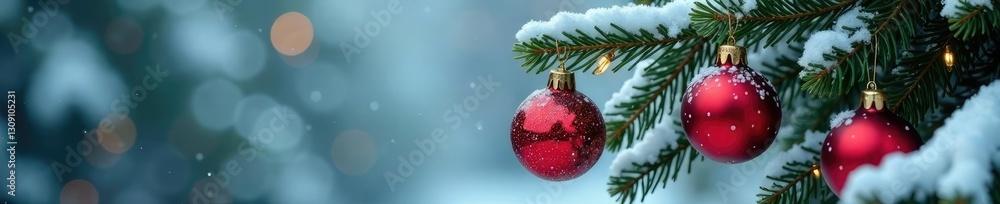 Snow-covered tree branches with glass ornaments, glass, Christmas, ornaments Snow-covered tree branches with glass ornaments, glass, Christmas, ornaments