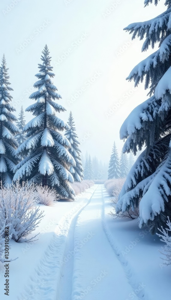 Snow-covered trees and bushes in silence on white background, winter, snow, frost