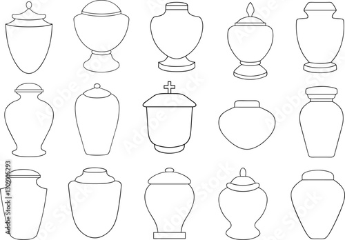 Group of different funeral cremation urns isolated on white