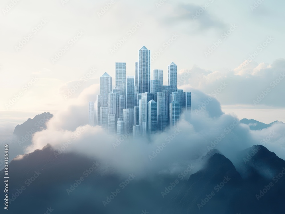 Fototapeta premium Majestic Cityscape Surrounded by Ethereal Clouds with Skyscrapers Reaching for the Sky Creating a Dreamlike Urban Atmosphere and Serenity