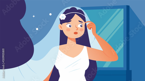 The brides veil is carefully pinned into her hair completing her stunning bridal look as she gazes into the mirror with excitement and nervousness.. Vector illustration