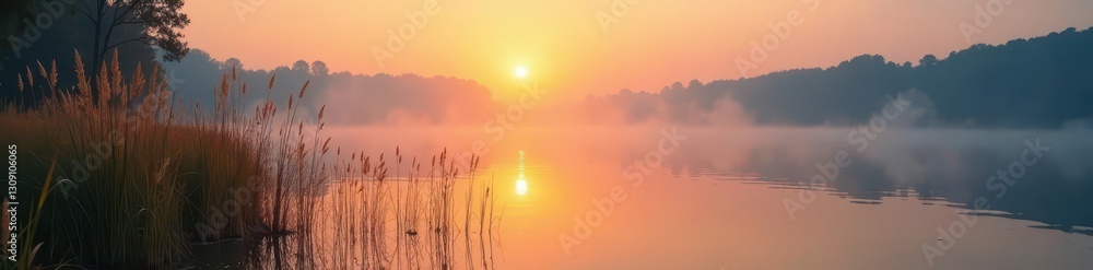 Misty sunrise paints the lake shore, summer reeds sway gently , tranquility, stillness Misty sunrise paints the lake shore, summer reeds sway gently , tranquility, stillness
