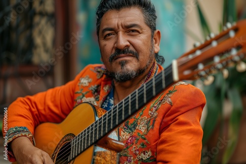 A middle-aged Hispanic man strums a guitar, wearing an ornate orange jacket that reflects his vibrant culture.