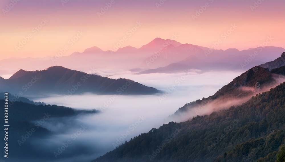 夢の中にいるかのような、柔らかなぼかしと淡い色調で表現された山と霧の風景 夢の中にいるかのような、柔らかなぼかしと淡い色調で表現された山と霧の風景