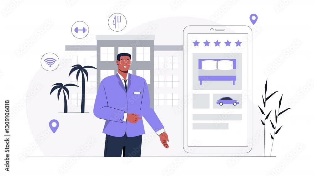 A clean and modern flat design animation representing hospitality services, guest experiences, and travel accommodations. A clean and modern flat design animation representing hospitality services, guest experiences, and travel accommodations.