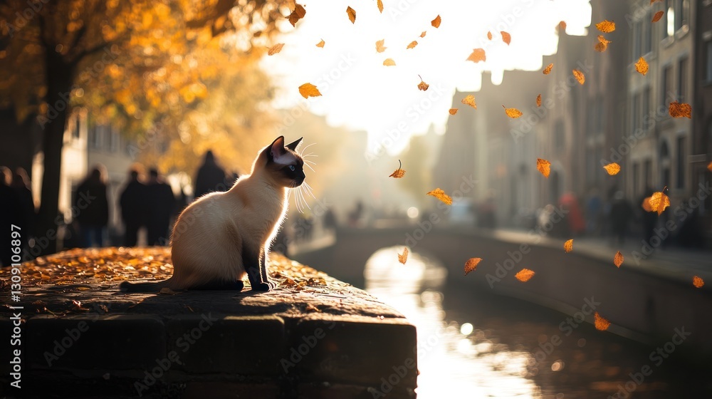 Fototapeta premium Siamese cat perched in autumn sunlight in a european town atmosphere