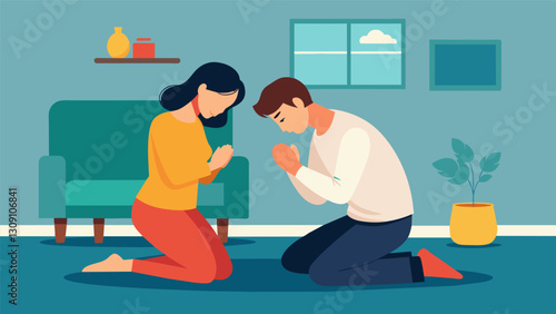 In the quiet of their living room the couple kneels together their hands folded and heads bowed in prayer.. Vector illustration