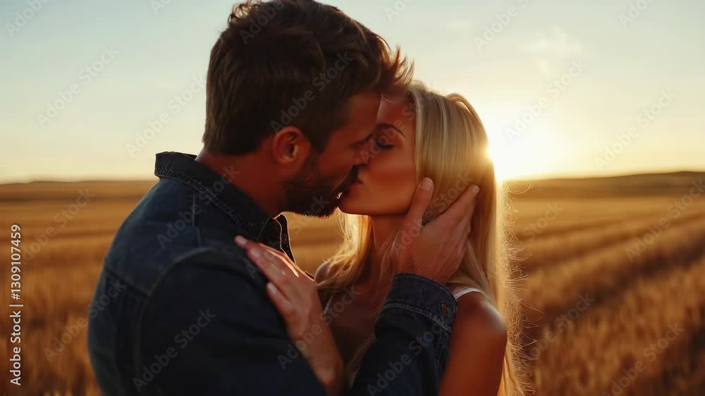 Young couple sharing romantic moments in golden sunset field