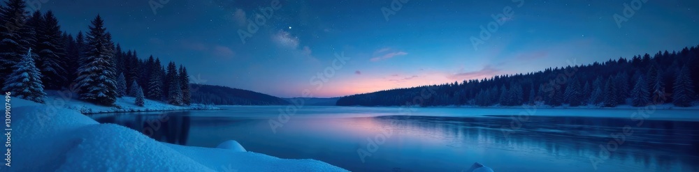 Fototapeta premium A frozen lake glistens under the starry night sky, calm, stillness, forest