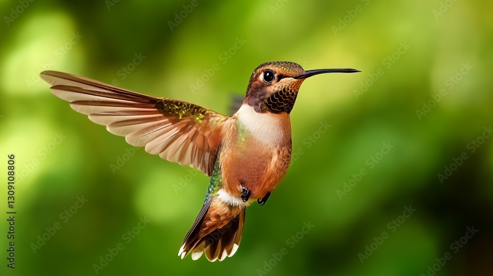 Fototapeta premium Hummingbird in Flight: A detailed capture of a hummingbird in mid-flight against a soft green background. The bird's intricate feathers and vibrant colors are emphasized in this dynamic image.