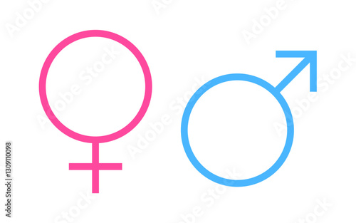 Gender pink and blue thin line icon, male and female thin shape flat sign. Man and woman symbols isolated on a white background, Feminine and masculine icon signs, Vector Illustration.