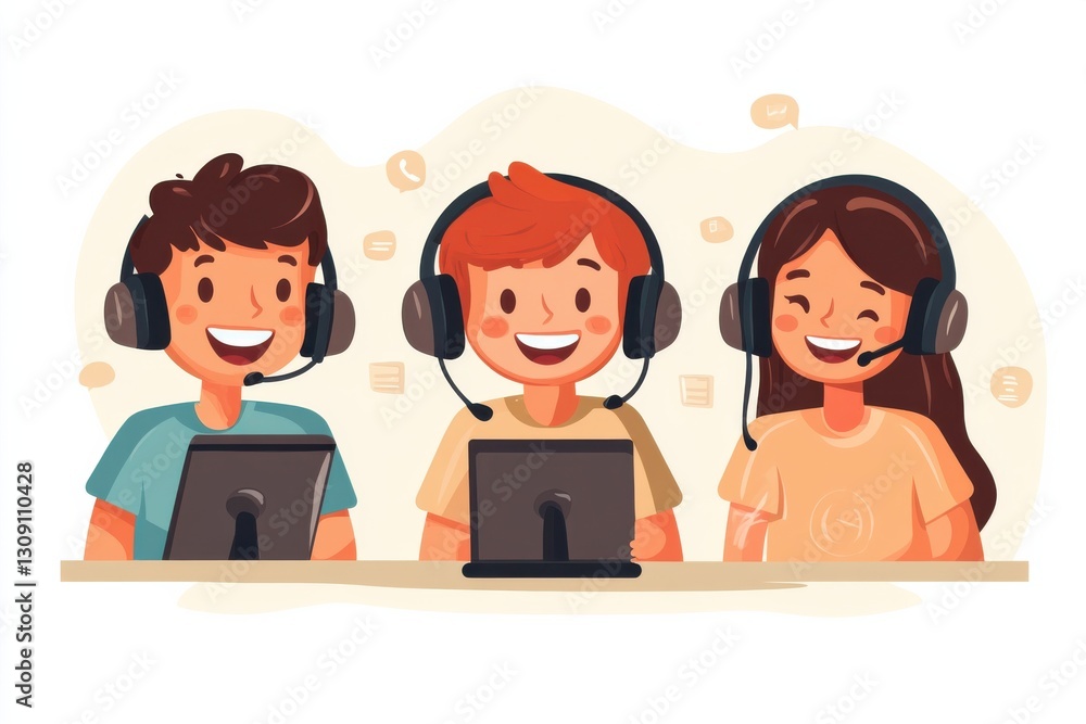Happy Diverse Team of Call Center Agents with Headsets Working Together