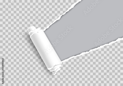 Realistic vector of a torn hole with a rolled edge. Ripped paper with a curled fragment. Template frame for text. Paper mockup.