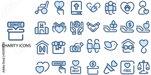 Charity simple concept 28 colour icons set. Contains such Disabled, elderly people, animals, orphans help. Charity, medical aid, land improvement, trees planting, humanitarian .Vector illustration.