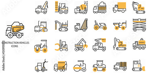 Construction Vehicle Mono Flat simple concept 24 colour icons set. Contains such truck, crane, excavator, machinery, equipment .Vector illustration.