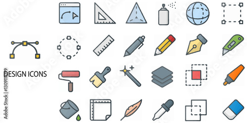 Design Tools simple concept 24 colour icons set. Contains such objects, computer programs, process production, perception, explore ideas and designers. .Vector illustration.