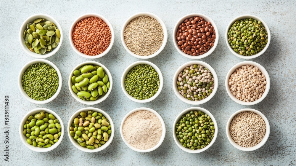 A clean, simple arrangement of plant-based protein powder, edamame, lentils, and quinoa on a neutral background. A clean, simple arrangement of plant-based protein powder, edamame, lentils, and quinoa on a neutral background.