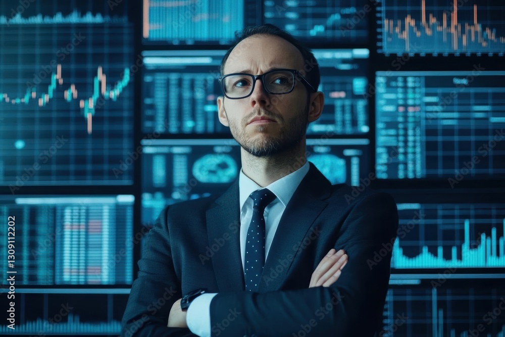 Confident Businessman in Formal Attire Posing with Assurance Against Stock Market Wall Symbolizing Finance Success and Professional Ambition in Modern Era Confident Businessman in Formal Attire Posing with Assurance Against Stock Market Wall Symbolizing Finance Success and Professional Ambition in Modern Era