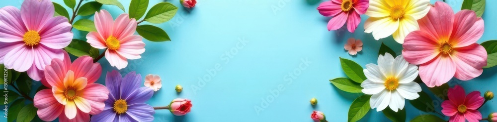 Vibrant spring flowers forming a square frame against a light blue background , background, product mockup Vibrant spring flowers forming a square frame against a light blue background , background, product mockup