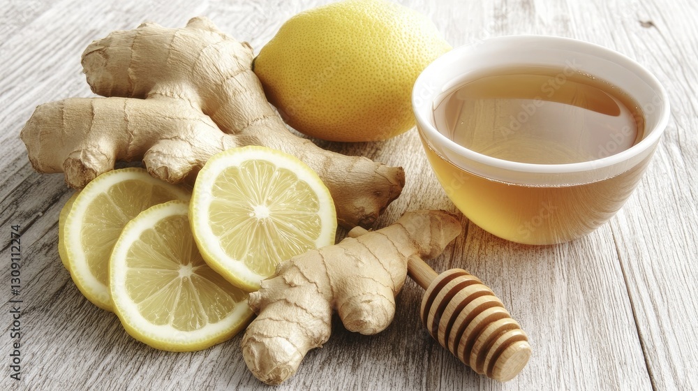 A cup of herbal tea with fresh ginger, honey, and lemon slices on a rustic wooden table. A cup of herbal tea with fresh ginger, honey, and lemon slices on a rustic wooden table.