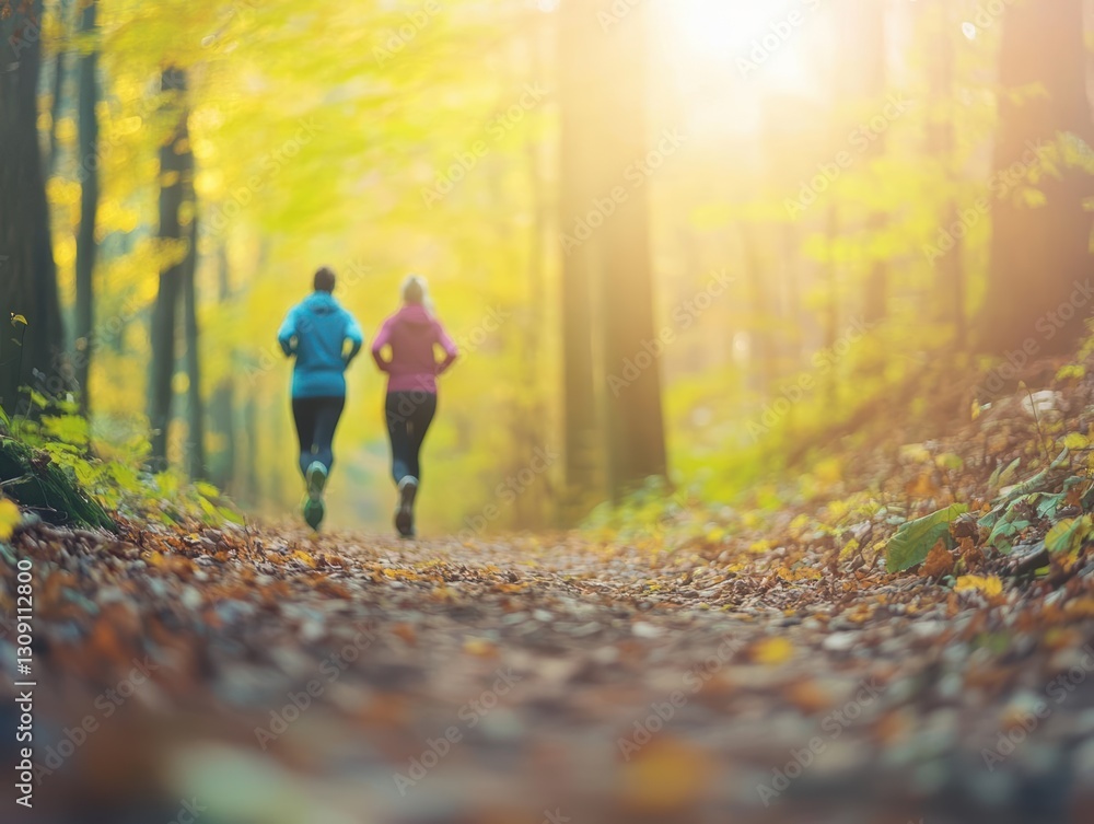 Obraz premium Dynamic Woman Running Through Lush Green Forest Path Surrounded by Tall Trees and Sunlight Filtering Through Leaves Inspiring Energy and Freedom