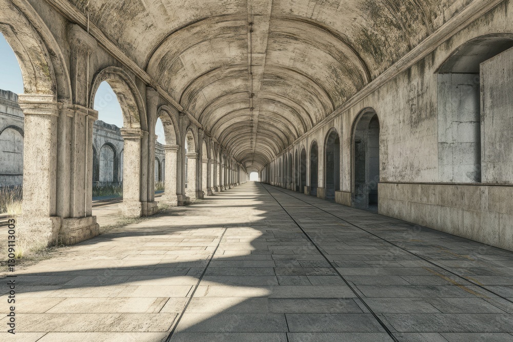 Obraz premium Arched corridor in an abandoned structure in daylight illuminating the vast pathway ahead