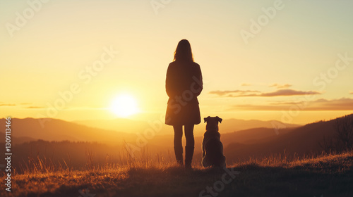 A silhouette of a person with their pet at sunset, standing on a hill overlooking a peaceful landscape. Soft, golden light symbolizes love, trust, and lifelong friendship. Cinematic depth, emotional