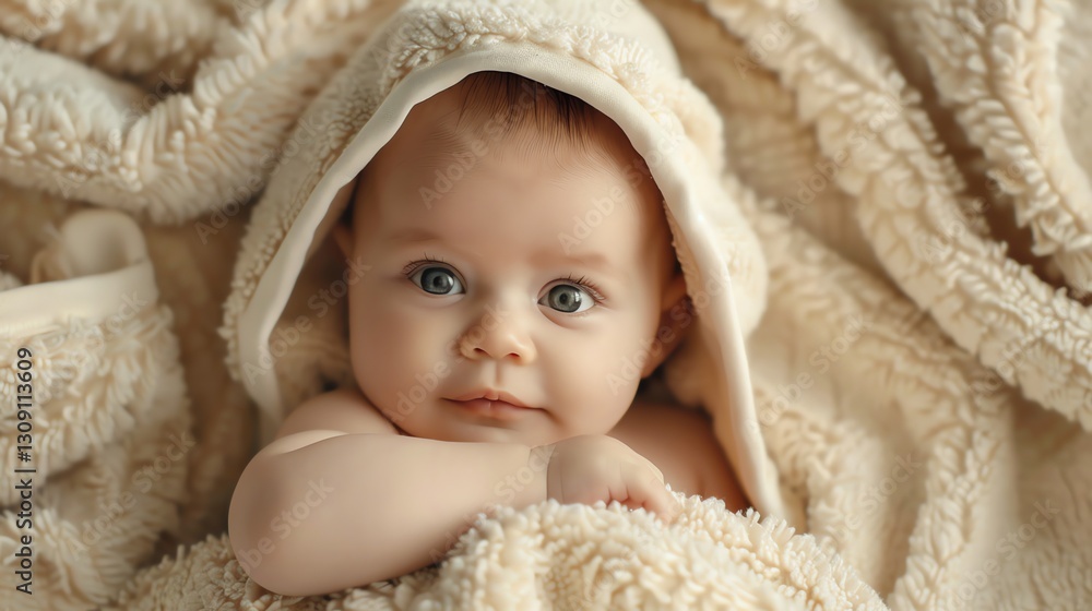 A baby wrapped in a white towel looks up at the camera with big, curious eyes. A baby wrapped in a white towel looks up at the camera with big, curious eyes.
