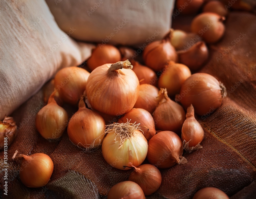 Freshly harvested onions displayed on rustic fabric in a warm, natural light setting