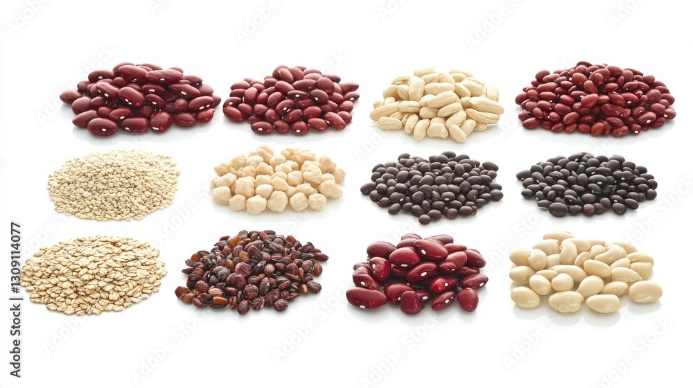 A selection of high-fiber foods, including beans, whole grains, and fruits, arranged in a flat lay style. A selection of high-fiber foods, including beans, whole grains, and fruits, arranged in a flat lay style.