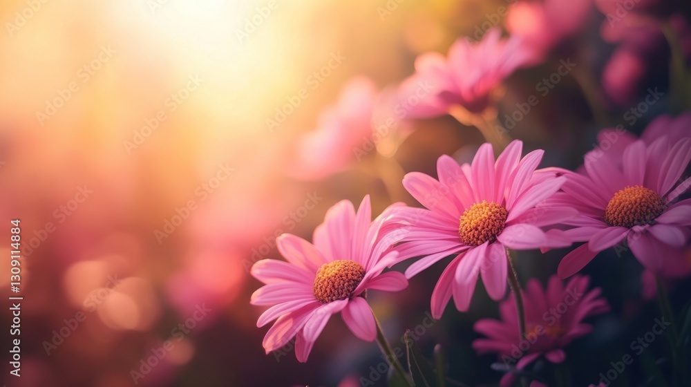 Radiant Pink Daisies in Golden Hour Light, a Captivating Floral Display Radiant Pink Daisies in Golden Hour Light, a Captivating Floral Display