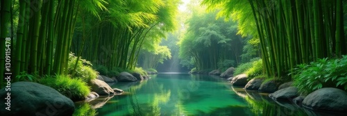 Peaceful bamboo grove with a tranquil water feature, pond, peaceful ambiance, water feature