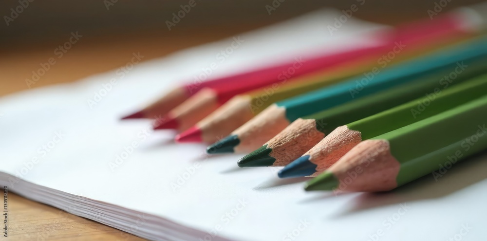 Obraz premium Pencils stacked neatly in a row on a plain notebook, pencils, tidy, flat