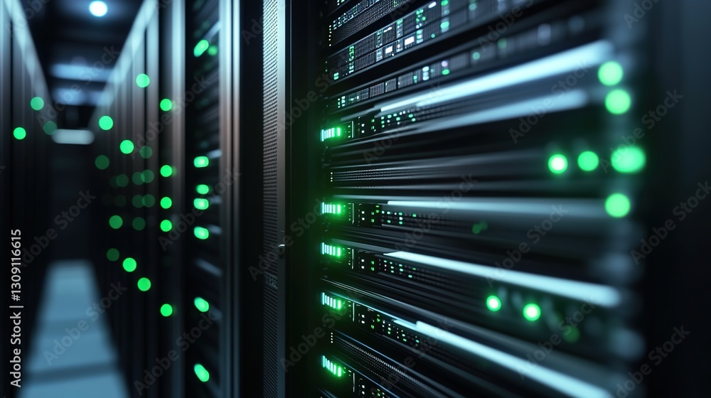 A close-up shot of the server rack in an advertising agency's data center, with glowing green lights indicating activity and ambient lighting creating depth. A close-up shot of the server rack in an advertising agency's data center, with glowing green lights indicating activity and ambient lighting creating depth.