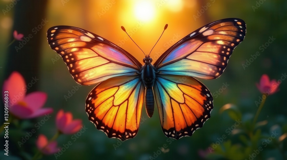Naklejka premium A radiant butterfly with iridescent wings, basking in the golden glow of the setting sun amidst a tranquil garden of delicate blossoms.