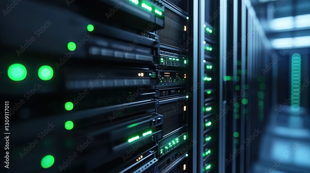 A close-up shot of the server rack in an advertising agency's data center, with glowing green lights indicating activity and ambient lighting creating depth. A close-up shot of the server rack in an advertising agency's data center, with glowing green lights indicating activity and ambient lighting creating depth.