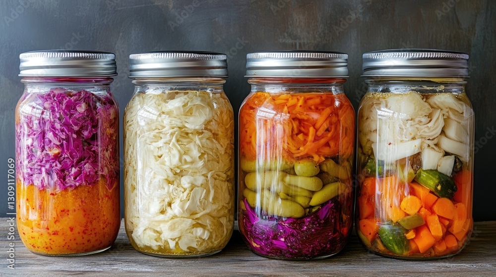 Organic fermented foods like kimchi, sauerkraut, and kombucha in glass jars with fresh ingredients. Organic fermented foods like kimchi, sauerkraut, and kombucha in glass jars with fresh ingredients.