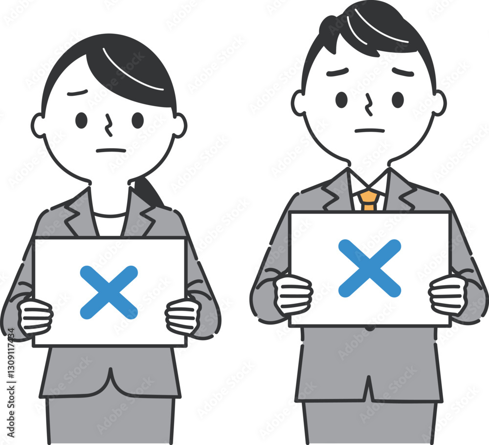 Naklejka premium バツが書かれたフリップを持つビジネスパーソン 上半身 ベクター