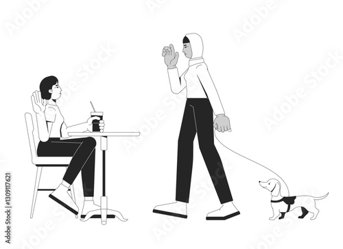 Diverse girls friends meeting 2D line characters. Asian woman sitting at cafe table, muslim hijab female walking dachshund dog isolated vector ink outline people. Monochromatic spot illustration