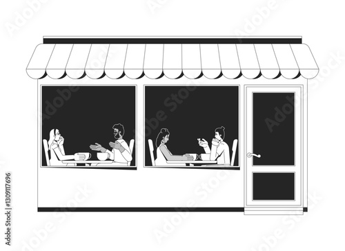 Awning cafe exterior showing customers sitting at tables inside 2D line characters. Coffeeshop coffee shop diverse people talking isolated clipart vector ink outline item. Monochrome spot illustration